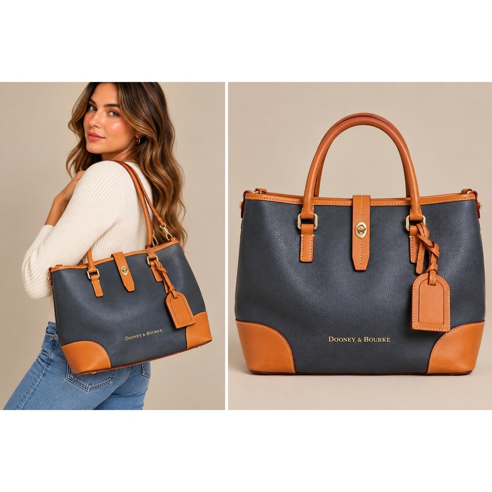 Dooney & Bourke Womens Tote Bag Large Navy Blue Pebble Leather Vachetta Trim